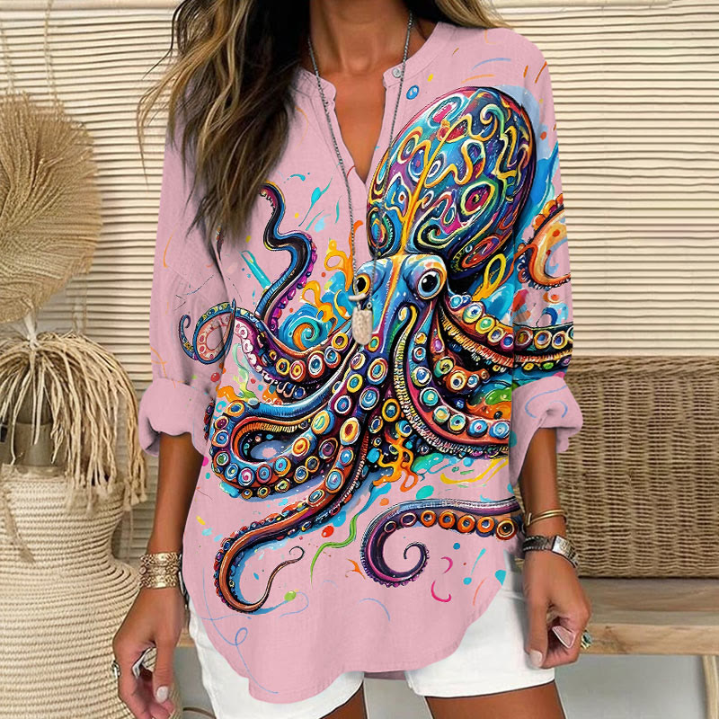Vintage Rainbow Octopus Art Print V Neck Long Sleeve Blouse - Pink - 8XL - image 2