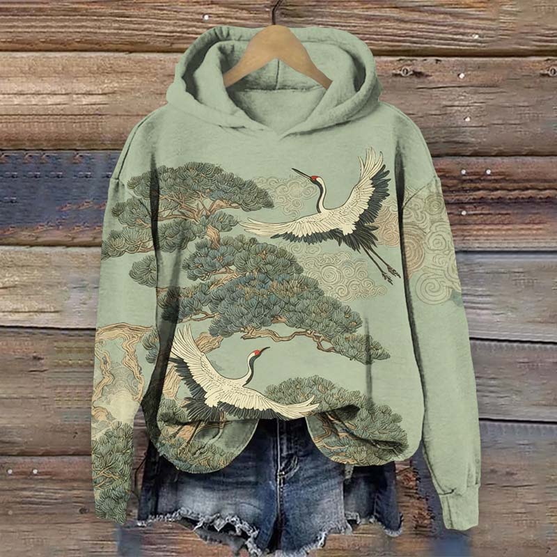 Japanese Retro Cranes Flying Around The Pine Tree Art Print Long Sleeve Hoodie - Green - US44-46(8XL) - image 2