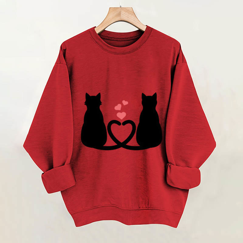 100% Cotton Valentine's Day Cat Hearts Print Crew Neck Sweatshirt - Red - 2XL - image 2