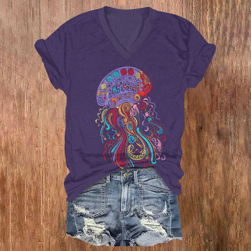 Creative Ethnic Rainbow Octopus Art T-shirt - Purple - US32-34(5XL) - image 2