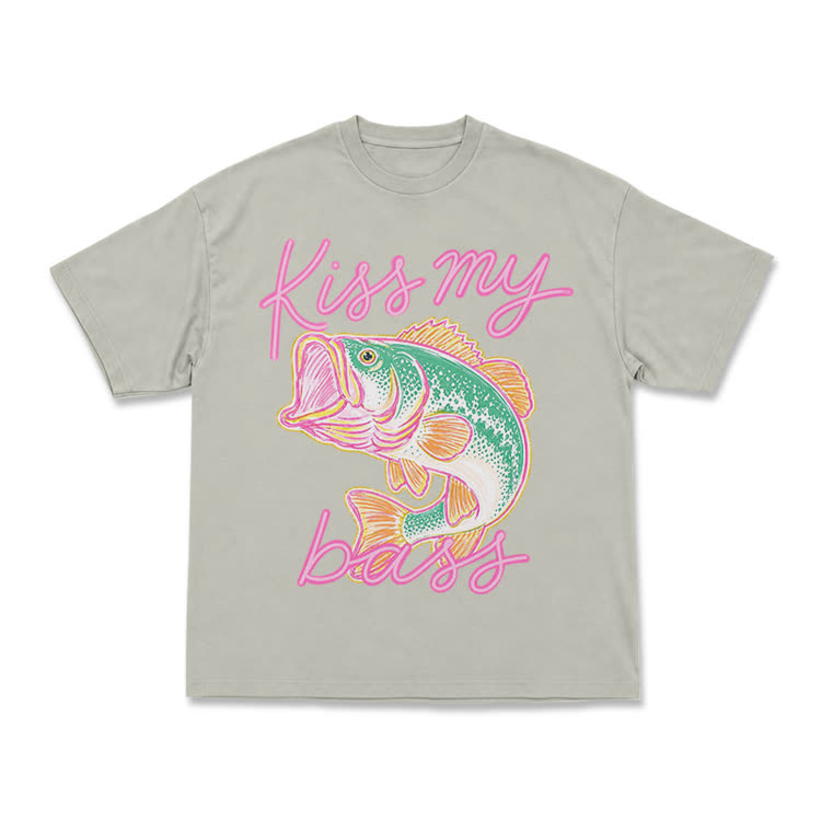 Casual Kiss My Bass Fish Graphic T-Shirt - Warm Grey - US16-18(2XL) - image 6