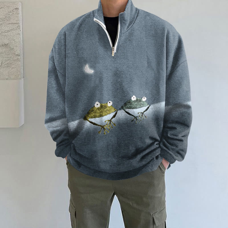 Simple Frog Color Block Print Long Sleeve Zipper Sweatshirt - Grey - 5XL - image 3
