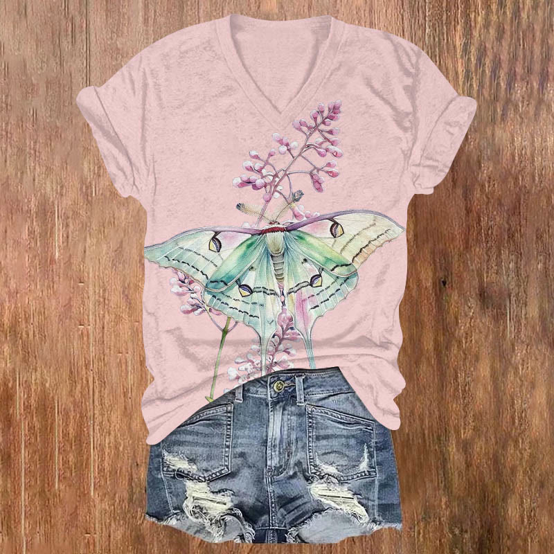 Fantasy Watercolor Butterfly Art Print V-neck T-shirt - Pink - US32-34(5XL) - image 4