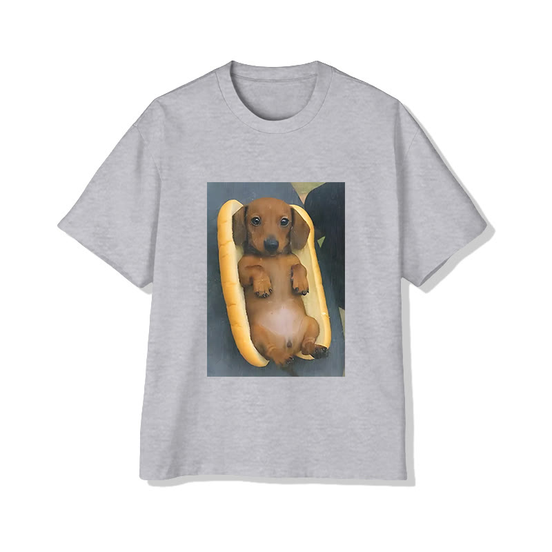 Unisex Cute Dog In The Bread Print Short Sleeved Crew Neck T-shirt - Grey - 2XL - image 4