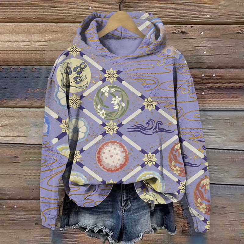 Traditional Geometric Floral Art Print Long Sleeve Hoodie - Purple - US44-46(8XL) - image 3