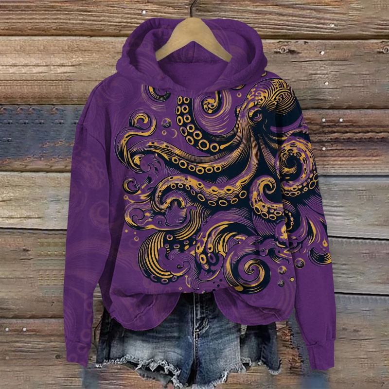 Contrasting Ink Watercolor Octopus Print Long Sleeve Hoodie - Purple - US44-46(8XL) - image 3