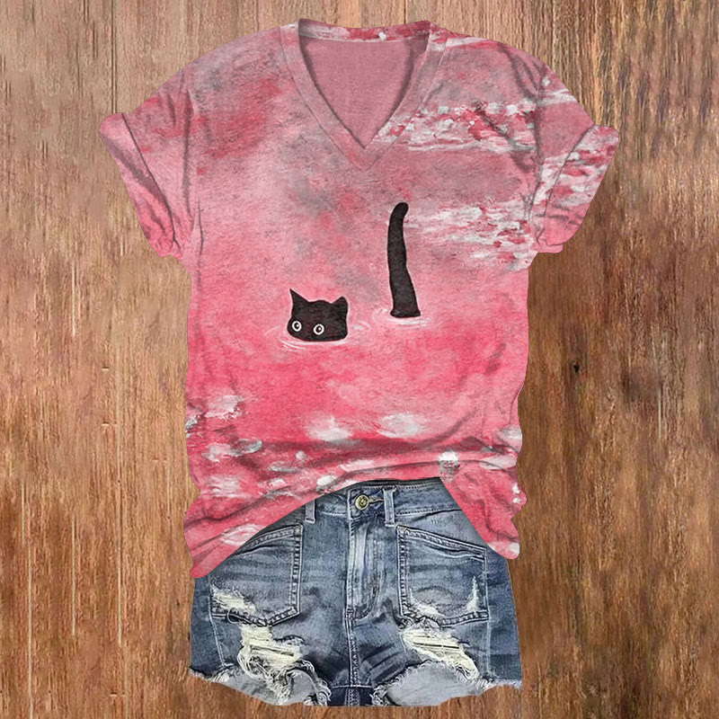Women's Oil Painting Cat Print V-neck T-shirt