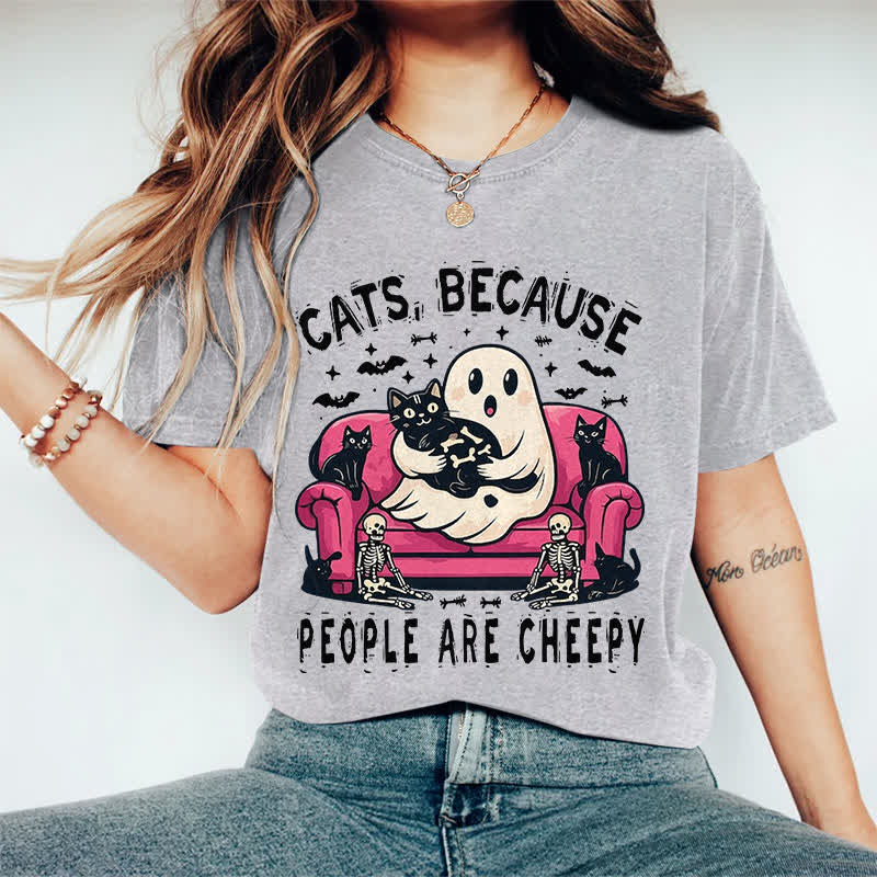100% Cotton Halloween Ghost Holding Cat Print T-shirt - Grey - 2XL - image 5