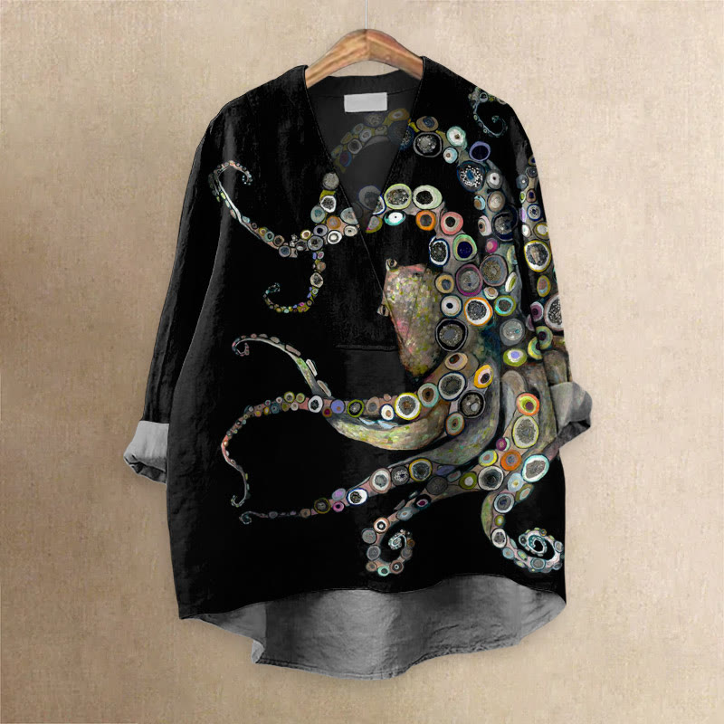Colorful Octopus Oil Painting Print Casual V-neck Blouse - Black - 6XL - image 2