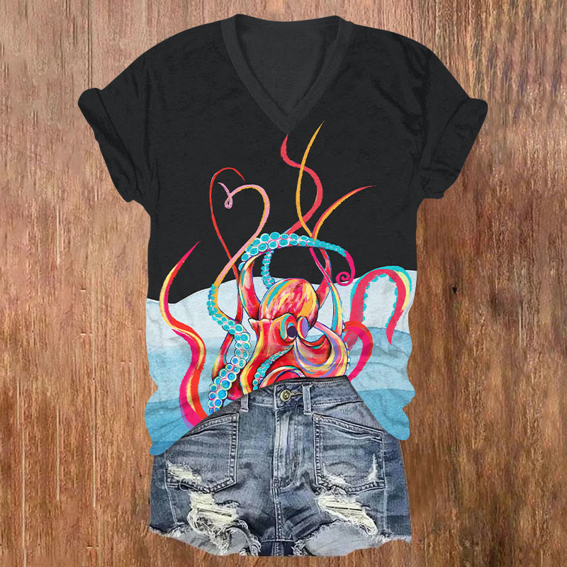 Funny Dancing Rainbow Octopus Art T-shirt - Black - US32-34(5XL) - image 2