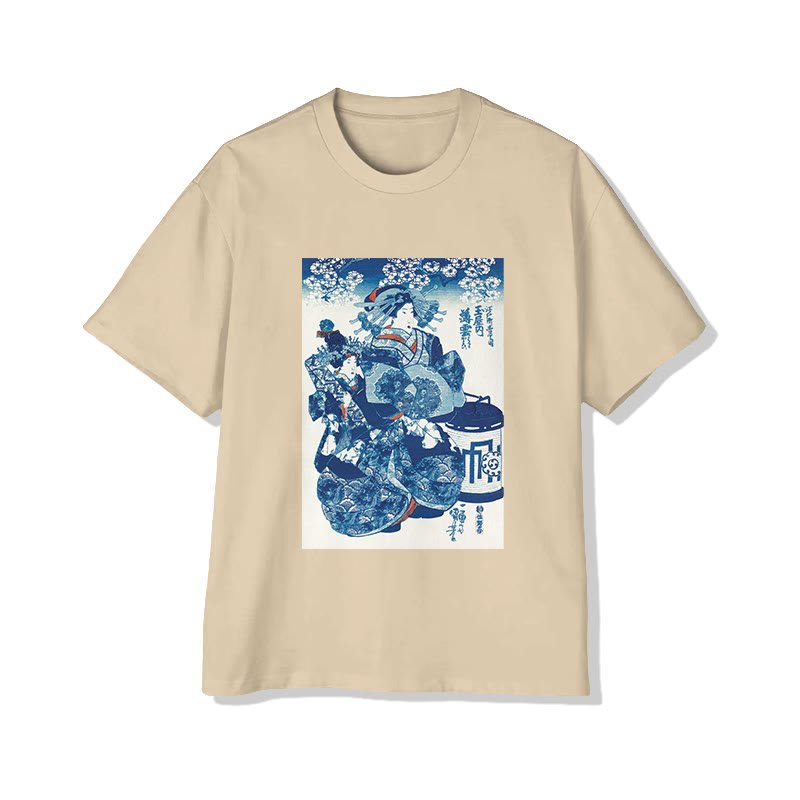 Classic Ukiyo-e Art Print Short Sleeved Crew Neck T-shirt - Apricot - 2XL - image 3