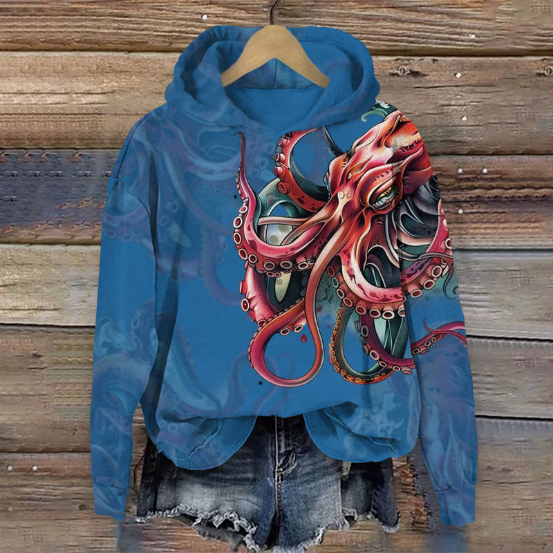 Japanese Vintage Octopus Print Long Sleeve Hoodie - Blue - US44-46(8XL) - image 2