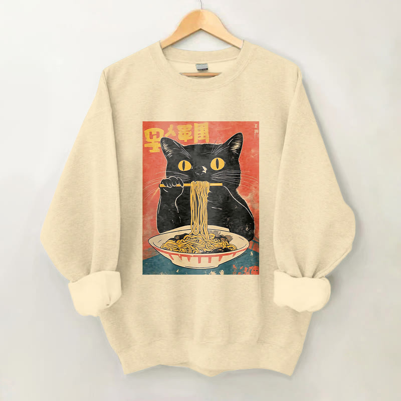 100% Cotton Japanese Cat Eating Ramen Print Crew Neck Sweatshirt - Apricot - 2XL - image 1