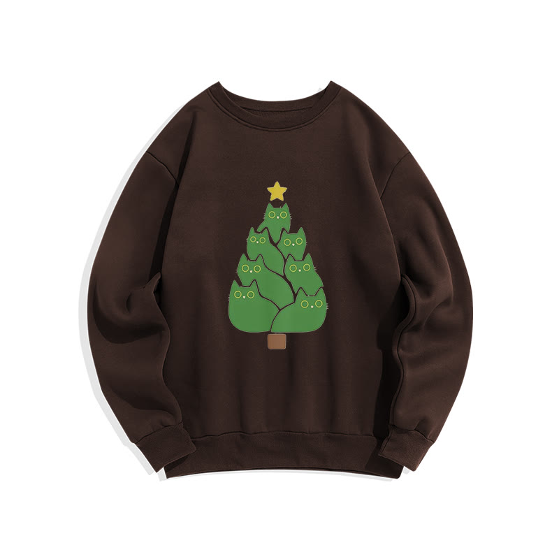 Creative Cat Christmas Tree Print Crew Neck Sweatshirt - Coffee - US16-18(2XL) - image 5