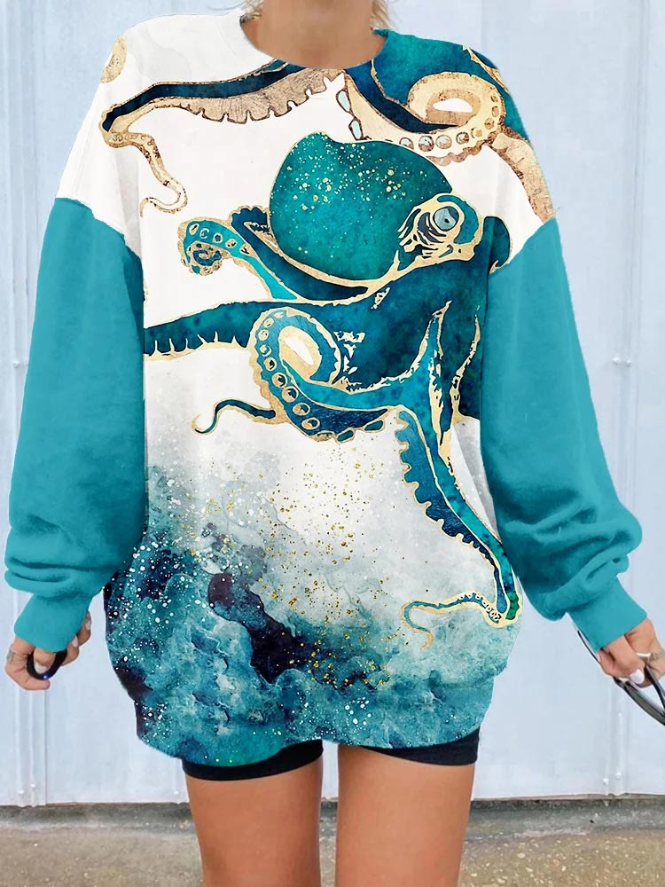 Psychedelic Seascape Octopus Art Print Sweatshirt - Lake Blue - 5XL - image 1