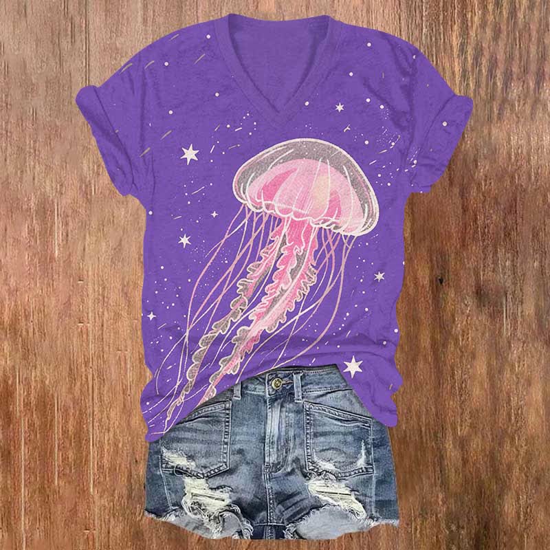 Creative Starry Fantasy Jellyfish Art Print V-neck T-shirt - Purple - US32-34(5XL) - image 3