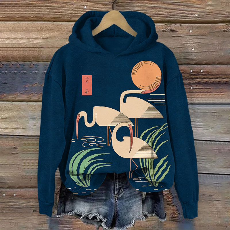 Japanese Minimalist Three Cranes Print Long Sleeved Hoodie - Dark Blue - US44-46(8XL) - image 3