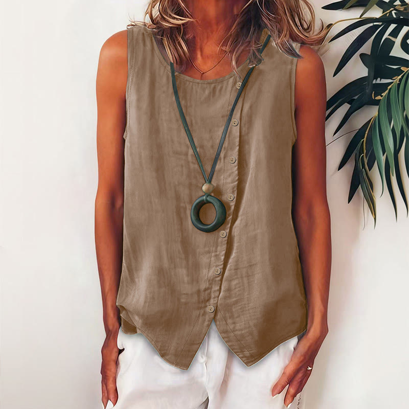 Women's Casual Round Neck Button-up Tank - Khaki - 2XL - image 4