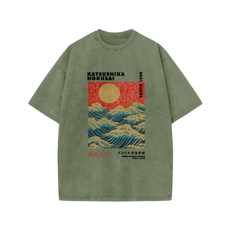 Unisex 100% Cotton Katsushika Hokusai Vintage Print Acid Washed T-shirt - Olive Green - 3XL - image 3