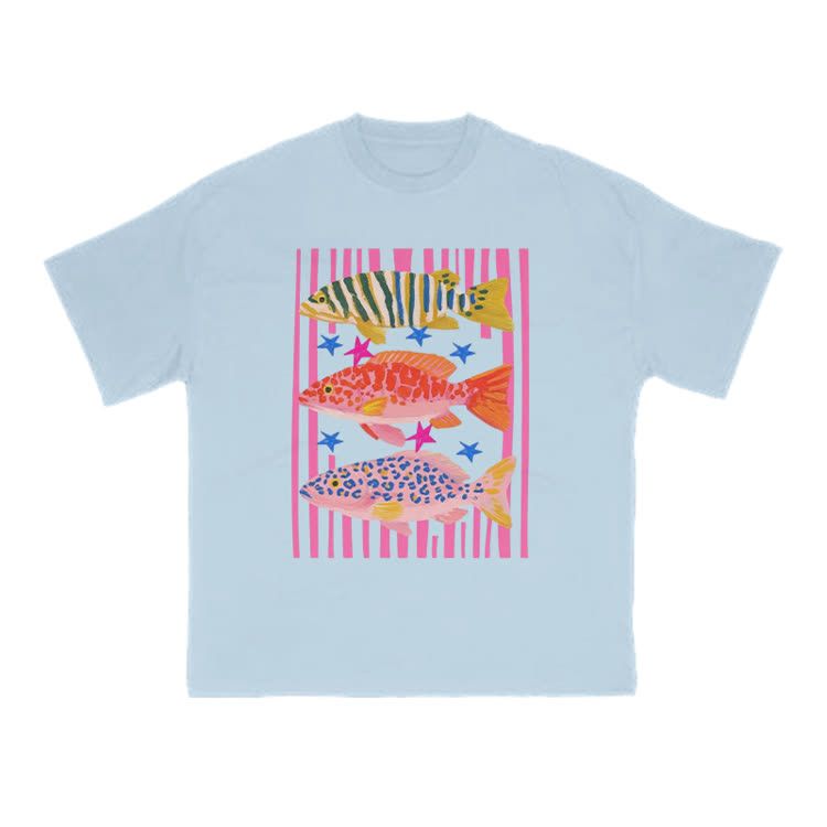 Playful Tropical Fish Graphic Crew Neck T Shirt - Light Blue - US16-18(2XL) - image 10