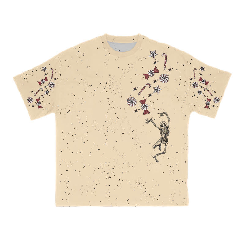 Unisex Dancing Skeleton Candy Christmas Print T-shirt - Apricot - 8XL - image 6