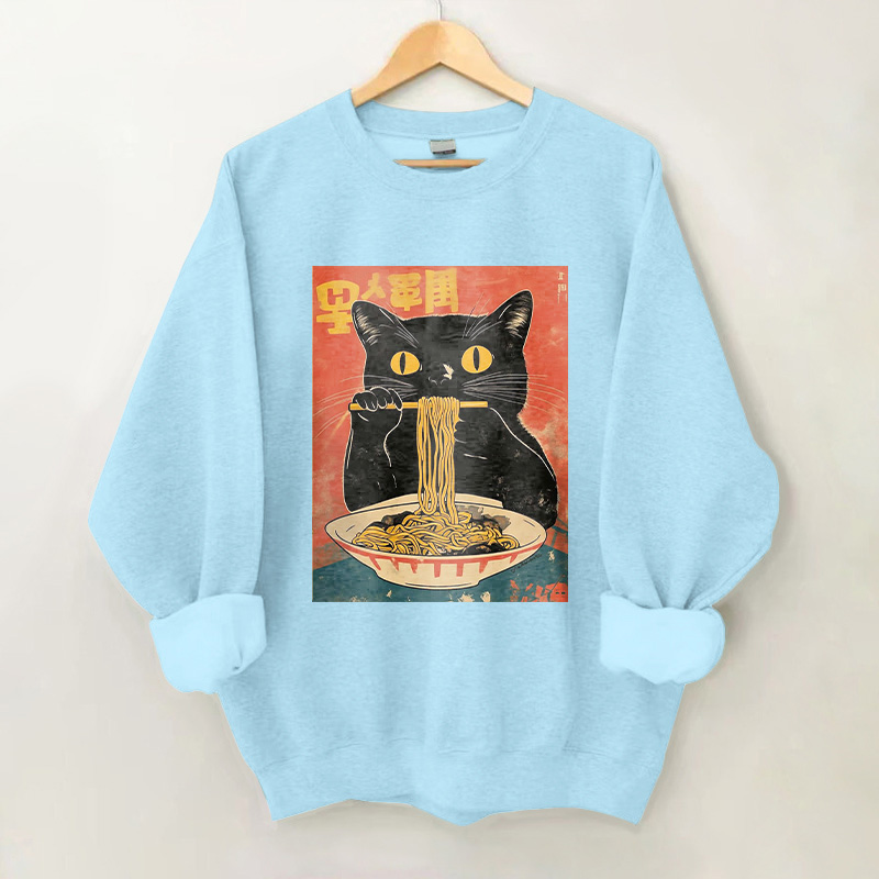 100% Cotton Japanese Cat Eating Ramen Print Crew Neck Sweatshirt - Blue - 2XL - image 3