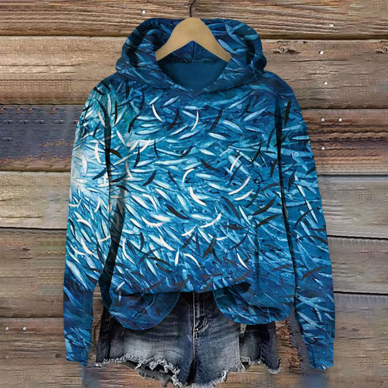 Fish on the seabed Painting Long Sleeve Hoodie - Blue - 8XL - image 1