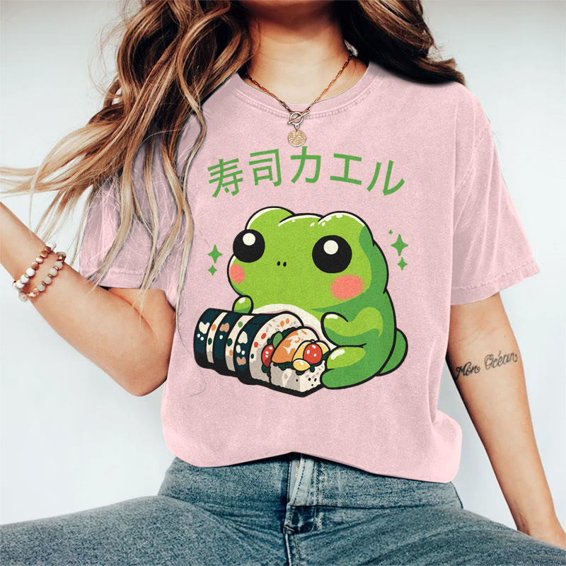 100% Cotton Women's Japanese Frog Eating Sushi Art Print Casual T-shirt - Pink - 2XL - image 4