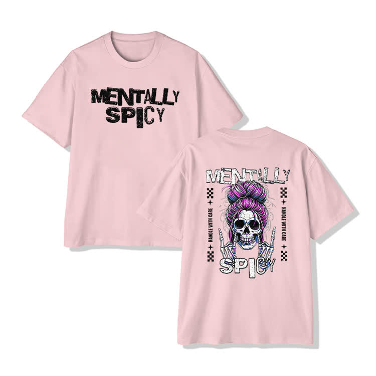 Mentally Spicy Skull Print T-shirt - Pink - US16-18(2XL) - image 5