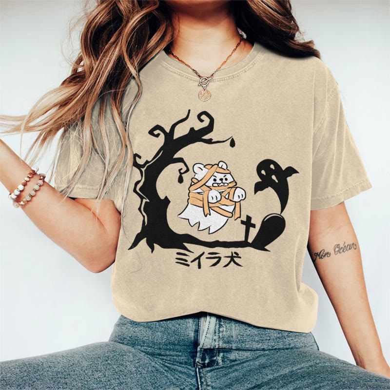 100% Cotton Women's Halloween Tombstone Bandage White Bear Art Print Casual T-shirt - Khaki - 2XL - image 4