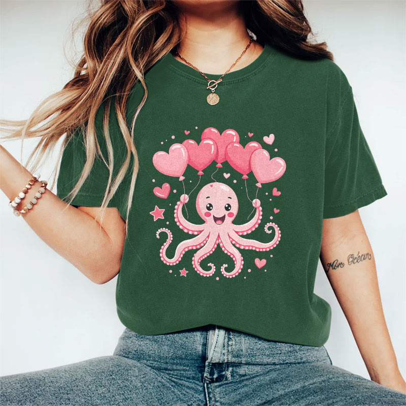 100% Cotton Valentine's Day Octopus Heart T-shirt - Green - 2XL - image 5