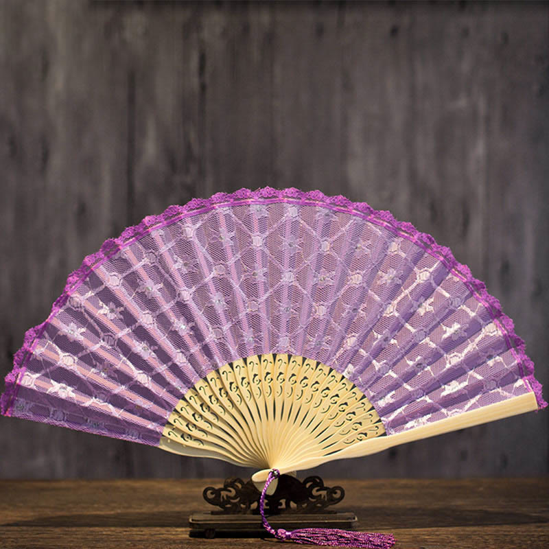 Women Ancient Style Vintage Floral Folding Fan - Purple - image 8