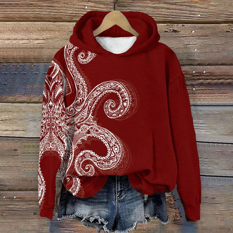 Ethnic Creative Octopus Print Long Sleeve Hoodie - Red - 8XL - image 1
