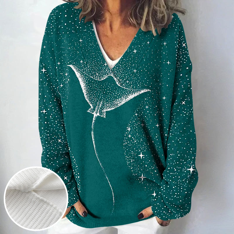 Women's Starry Spotted Eagle Rays Print Causal V-neck Pullover Sweater - Lake Blue - 4XL - image 3
