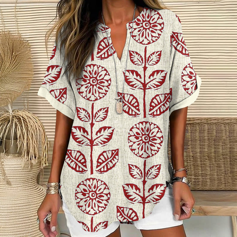 Boho Rubbing Sunflower Floral Pattern Pattern Print Short Sleeve Casual Blouse - Red - 5XL - image 3