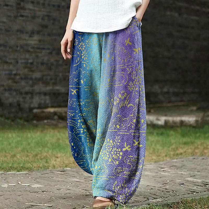 Retro Japanese Floral Butterfly Paper-cut Art Print Casual Pants - Blue - 5XL - image 2