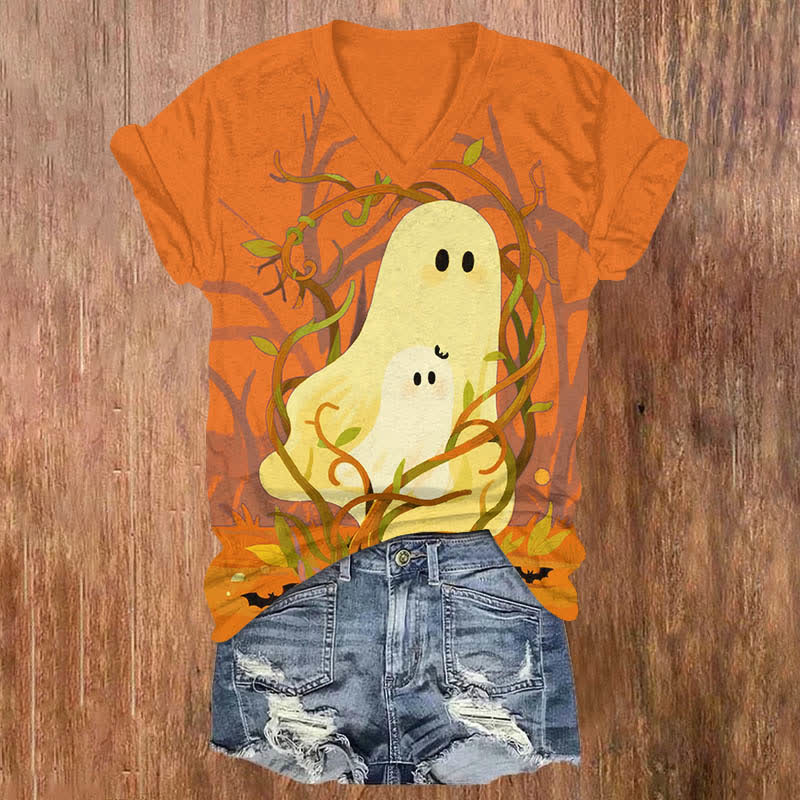 Halloween Creative Mother And Child Ghost Print V-neck T-shirt - Orange - US32-34(5XL) - image 3