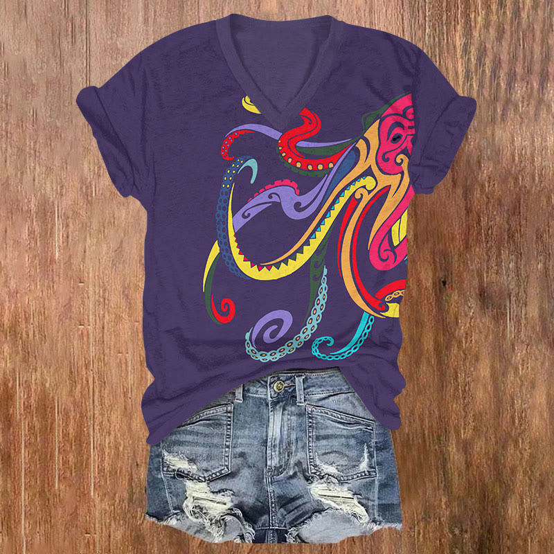 Funny Rainbow Octopus Art T-shirt - Purple - US32-34(5XL) - image 2