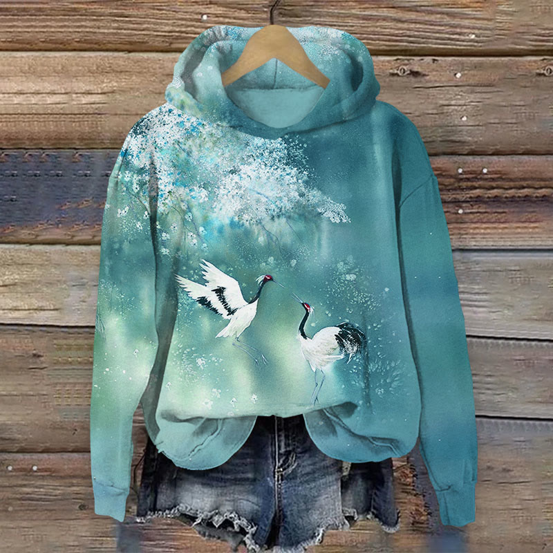 Japanese Cranes Play Under Bloom Floral Print Long Sleeve Hoodie - Green - US44-46(8XL) - image 2