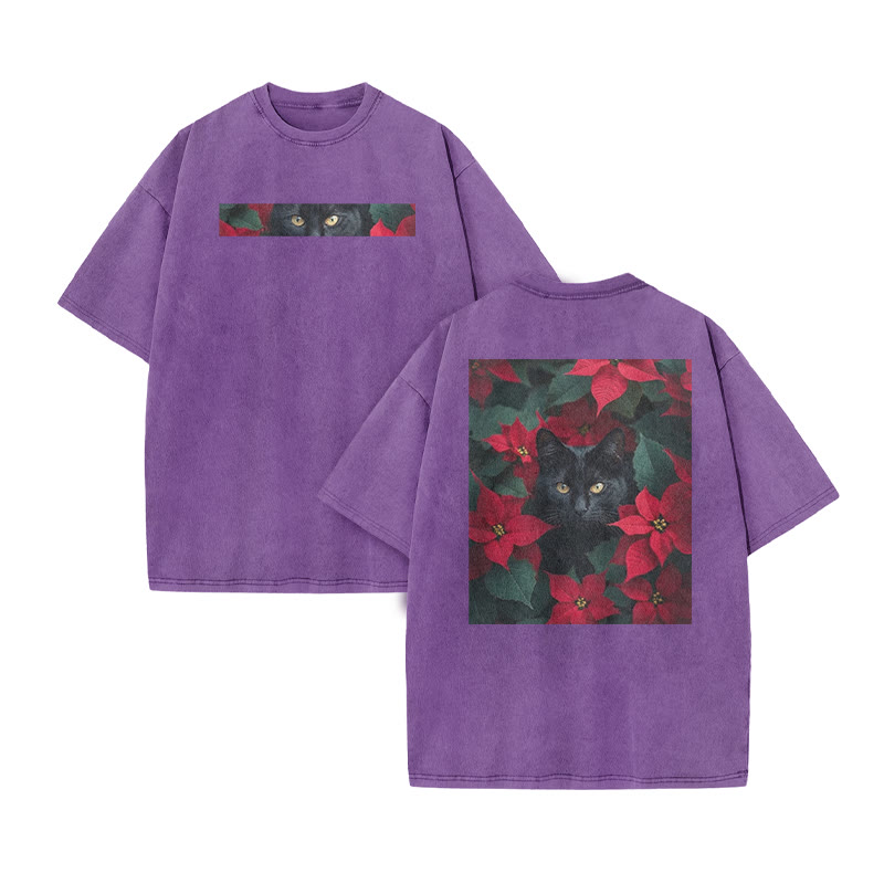 A Black Cat In A Field Of Christmas Flowers Print Acid Washed T-shirt - Purple - US20-22(3XL) - image 8