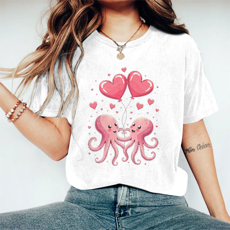 100% Cotton Valentine's Day Octopus Heart T-shirt - White - 2XL - image 3