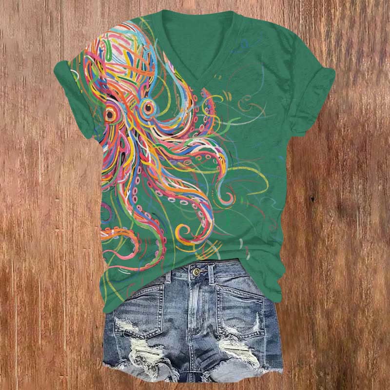 Print V-neck T-shirt - Green - US32-34(5XL) - image 3