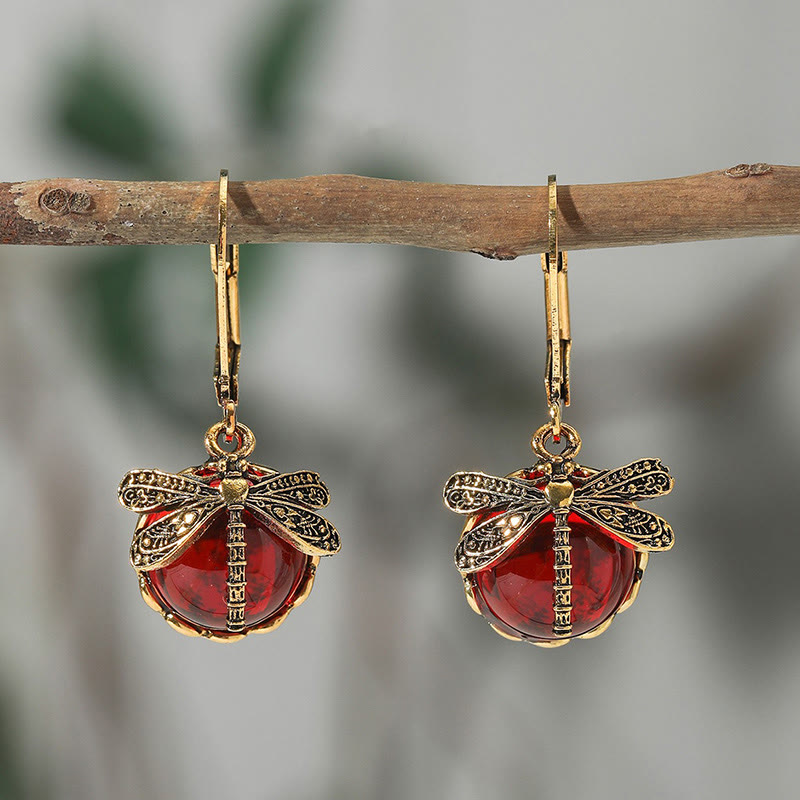 Bohemian Vintage Dragonfly Crystal Drop Earrings - Red - one size - image 3