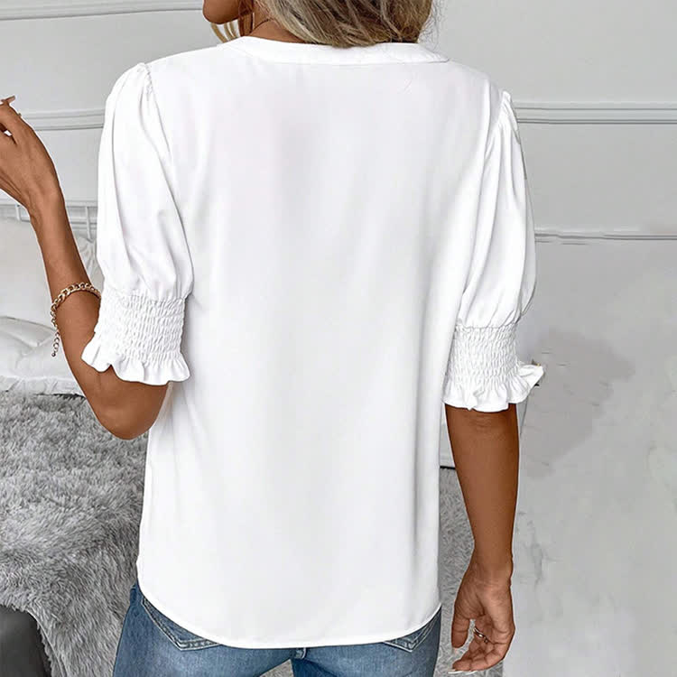 Solid Elegant V-neck Ruffled Puff Sleeves Blouse - image 4