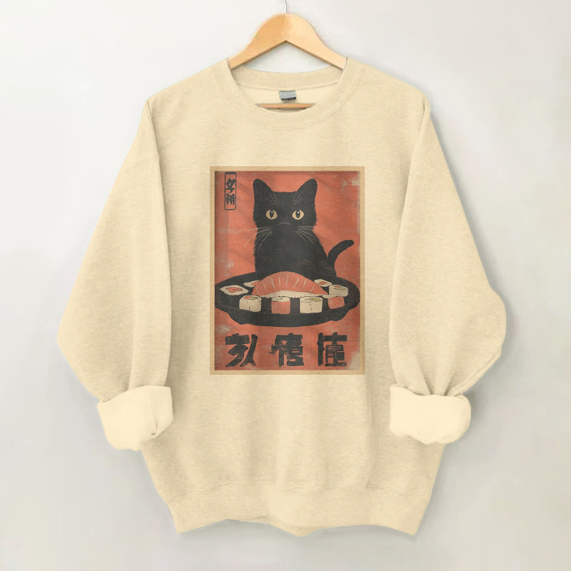 100% Cotton Vintage Cat Sushi Plate Print Round Neck Casual Fleece Sweatshirt - Apricot - 2XL - image 4