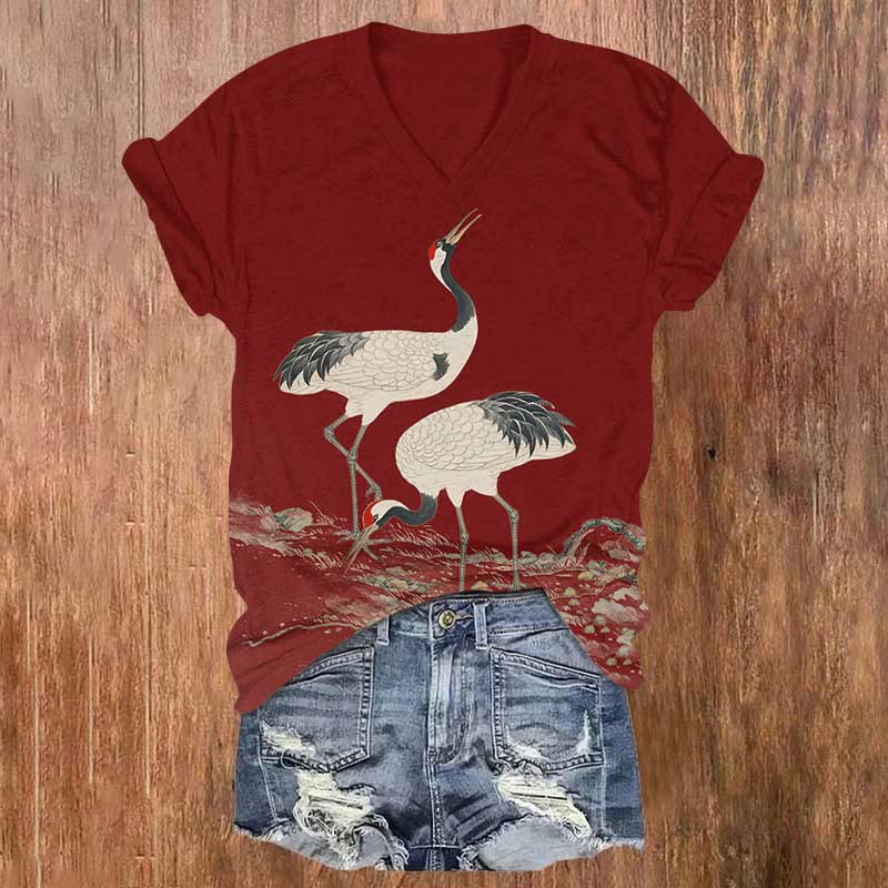 Japanese Elegant White Crane Art Print V-neck T-shirt - Red - US32-34(5XL) - image 3