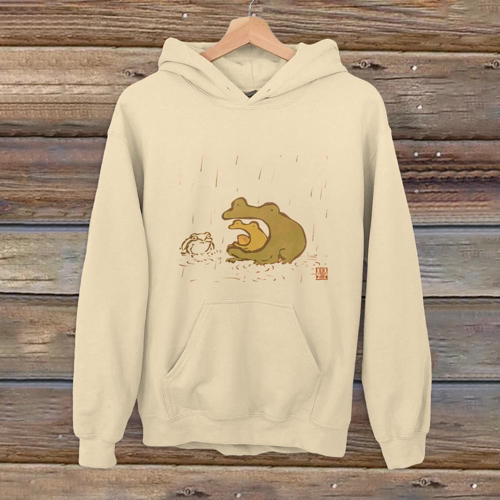 100% Cotton Japanese Cute Rain Frog Print Casual Hoodie