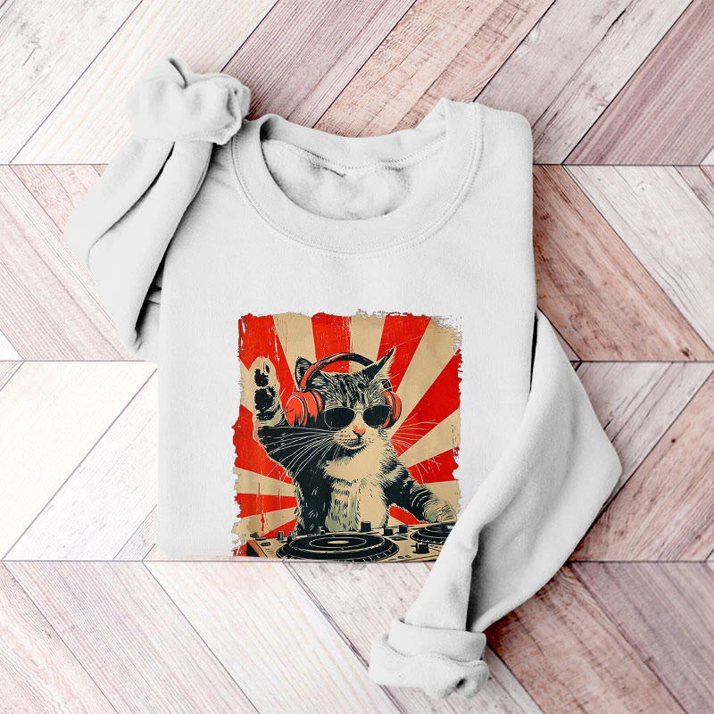 100% Cotton Dj Cat Print Round Neck Casual Fleece Sweatshirt - White - 2XL - image 2