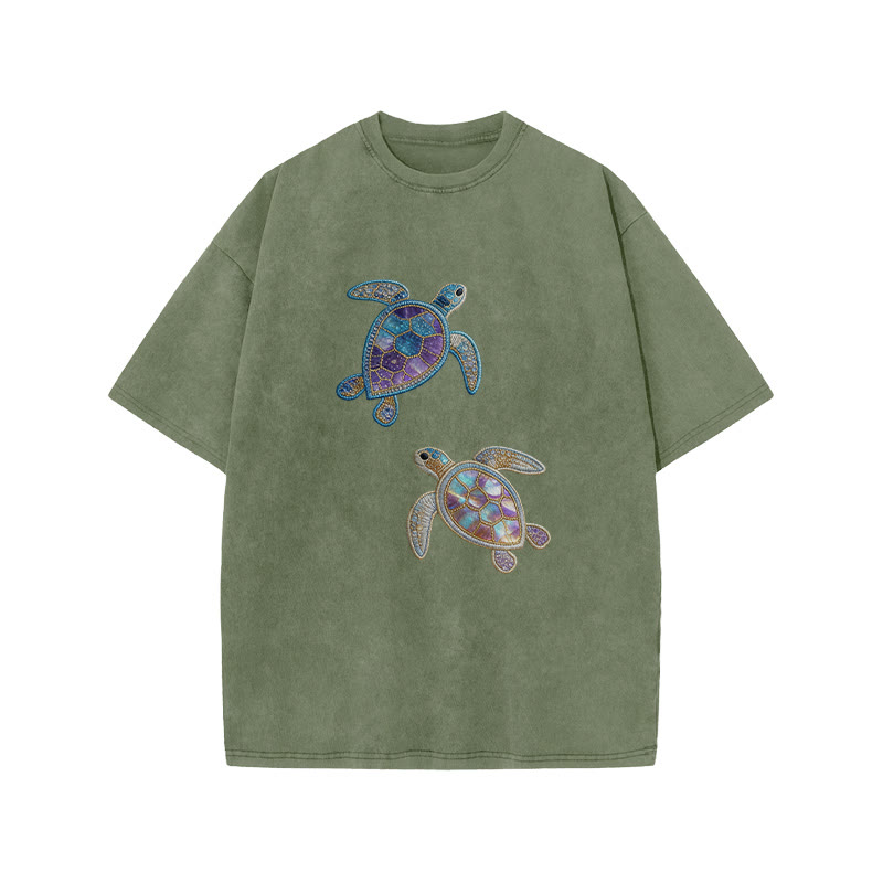 Creative Gemstone Sea Turtle Print Acid Washed T-shirt - Army Green - US20-22(3XL) - image 5