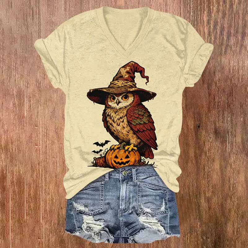 Halloween Wizard Owl Standing On A Pumpkin Print V-neck T-shirt - Yellow - US32-34(5XL) - image 2